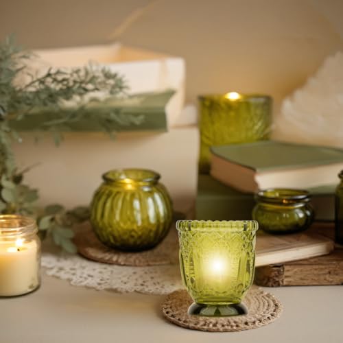 Koyal Wholesale Vintage Glass Candle Holder (Pack of 6), 3 x 2.75 (Olive Green)
