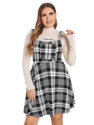 Romwe Women's Plus Size Casual Overall Pinafore Dress Adjustable Straps A-Line Swing Short Dress Black Plaid 3Xl #TOP2