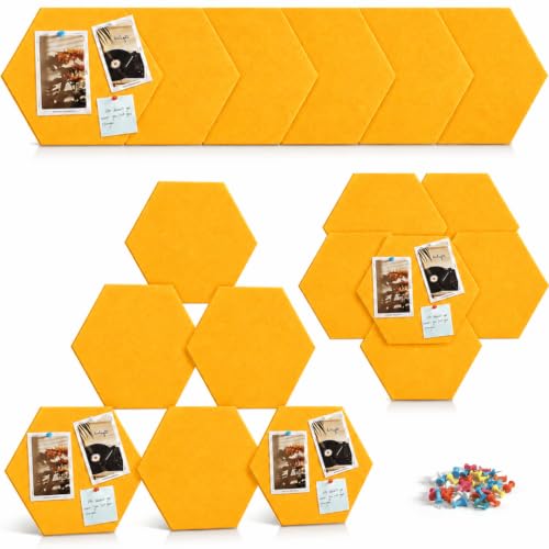 Image of Quiet Canvas Hexagon Pinboard, 1x1 ft, Pack of 8, 50 PushPins, (Yellow)