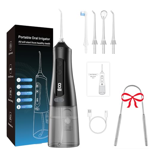 Irrigador bucal para limpieza de dientes, 9 modos, irrigador oral recargable, 4 puntas, potente duración de la batería, púas dentales de agua, IPX7, impermeable, 350 ml, tanque de agua para el hogar y