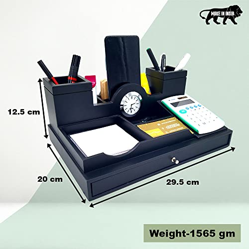 Image of WOOD HOUSE Wooden Desk Table Organizer, Pen Stand with Clock - Office Table Accessories for Diwali New Year Corporate Gifts
