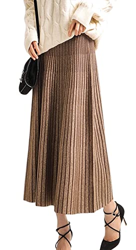 Chartou Women's Winter Reversible Stretchy Waist Knitted A Line Pleated Midi Skirt (Medium, Caramel) #TOP14