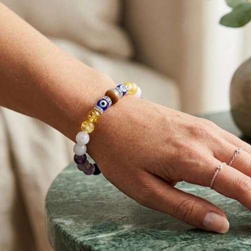 Image of Meen (Pisces) Rashi Bracelet | Black Tourmaline, Lepidolite, Amethyst, Aquamarine, Citrine, Evil Eye | For Pisces Intuition & Spirituality | Balances Emotion & Insight | For Men & Women