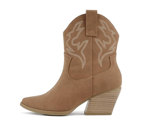 Soda “BLAZING” ~ Women Western Stitched Pointe Toe Low Heel High Top Ankle Shaft Boot Bootie (L-COGNAC NUBUCK, us_footwear_size_system, adult, women, numeric, medium, numeric_7_point_5) by Soda - Used condition - US$17.84