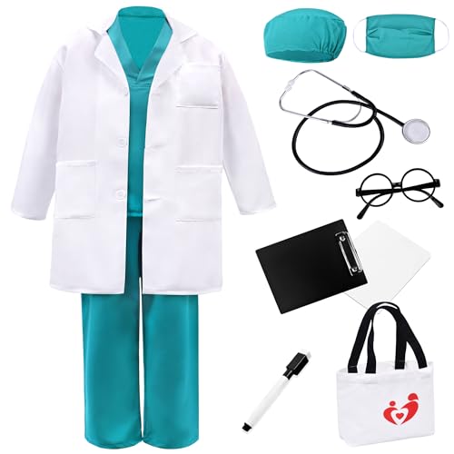 Image of ZZIHAN Doctor Costume for Kids Lab Coat & Scrubs Set with Accessories for Play & Dress-Up Age 3-12