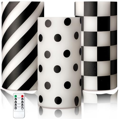 ROCEEI 3 Pcs Christmas Black and White Checked Flameless Candles Halloween Battery Operated LED Candles Flickering Real Wax Decorations for Indoor Table Decor Xmas Halloween Gifts Holiday Party