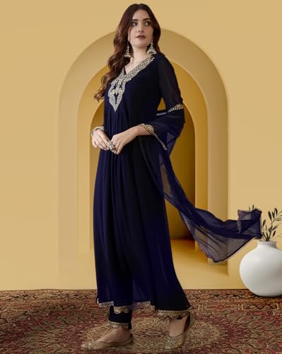 Image of Amazon Brand - Tavasya Women Poly Georgette Zari Sequence Embroidered Kurta with Pant and Dupatta | Salwar Suit | Kurta Set