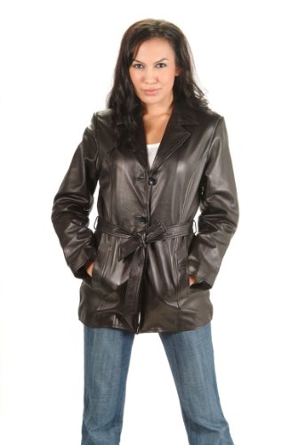 Dona Michi Women's Genuine Leather Jacket 3 Buttons and Belted Closure