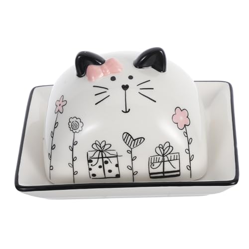BESTYASH Keramik Butterdose mit Deckel Cartoon Katzenmotiv für Frische Butteraufbewahrung Stabiles Organizer für Haushalt und Täglichen Gebrauch