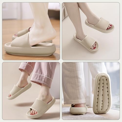 BAXIWUY Badelatschen Damen Badeschuhe Herren Schlappen Badeschlappe Cozislides Original Slippers Rutschfest Hausschuhe Sommer Pantoletten Wolkenschuhe Flip Flops Indoor/Outdoor，Khaki，35-36 EU 2