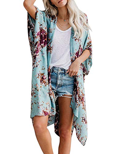 Dokotoo Womens Summer Beach Long Boho Bohemian Holiday Chiffon Floral Print Bathing Suit Swim Suit Bikini Kimonos for Women Swimsuit Cover Ups Swimwear Cardigans Pink