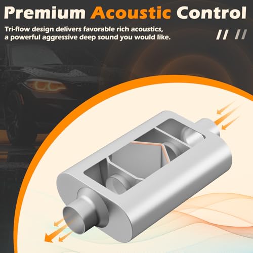 Image of A-KARCK Universal Exhaust Muffler 2.25 inch Center Inlet 2.25 inch Center Outlet, 17.3 inch Overall Length Aluminized Steel Aggressive Sound Race Muffler for Cars, Trucks