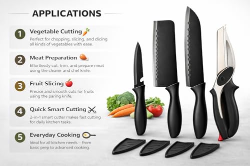 Image of Kitchen Knives Set with Clever Cutter 4 Pcs | Black Coted Stainless Steel Blade with Covers and Multi-Function Clever Cutter | Kitchen Knife Set and Slicer Scissor for Vegetable, Fruit & Meat Cutting