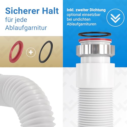 LOBENSWERK Siphon Waschbecken mit hochwertiger Aluminium Mutter - G 1 1/4” x 32mm ausziehbar 320-890mm - Flexibler Ablaufschlauch für das Badezimmer - 100% Wasserdicht