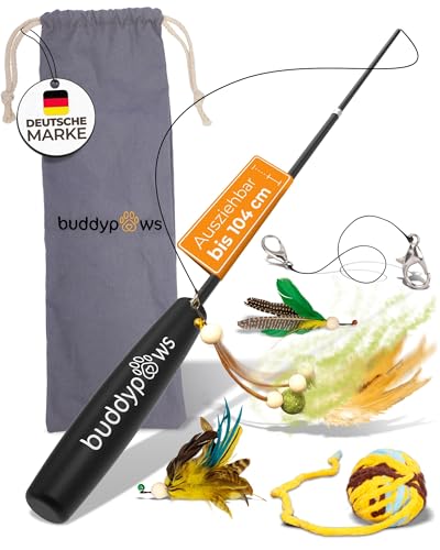 buddypaws® Katzenangel stabil – Interaktives Katzenspielzeug mit 4 Anhängern & Katzenminze – Ausziehbar 42-104 cm – Flexibles...