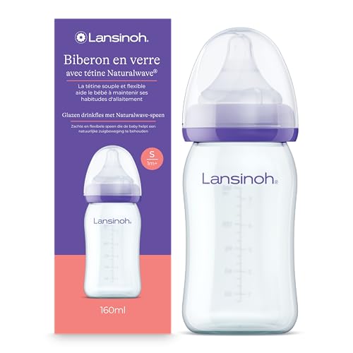 Lansinoh - Biberon Verre NaturalWave® 160 ml - Tétine Souple Inspirée du Sein - Favorise la Prise Naturelle - Anti-Colique & Sans BPA - Compatible Allaitement Mixte - Bébé dès la naissance