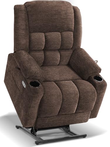 EONIX Dual Motor Lay Flat Power Lift Recliner Chair for Elderly, Electric Recliner Lift Chair for Adults with Heat and Massage, Cup Holders, 400lbs Heavy Duty, SLRY014062, Coffee