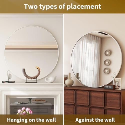Image of Round Wall Mirror with Durable Wooden Frame - 18 inch (White) | Modern Decorative Wall Hanging Mirror for Bathroom, Bedroom, Basin, Dressing Table, Entryway & Home Interior Decor