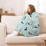 Queenshin Damska męska bluza z kapturem w kratę Sherpa, zimowy sweter w kratę ponczo z kieszenią i ciepłym rękawem, miękki wygodny dla dorosłych, Jamnik niebieski, rozmiar uniwersalny