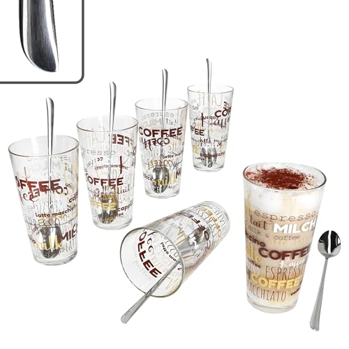 MamboCat Candy Latte Macchiato Gläser 300ml mit Twist Latte Macchiato Löffel L19cm I 6 Personen I 6x stapelbare Gläser mit Schrift Dekor & 6x lange...