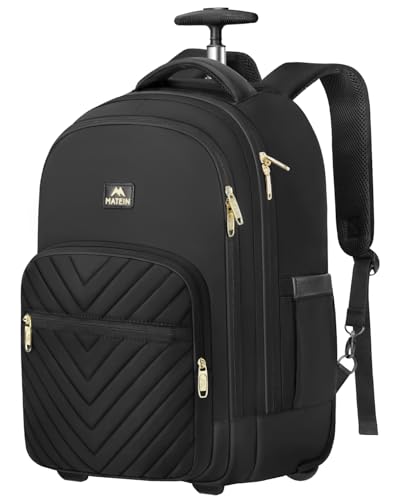 MATEIN Rolling Backpack for Women, 17 inch Water Resistant Wheeled Laptop Backpack, Large Carry On Luggage Travel Backpack with Wheels, Trolley Suitcase Business Overnight Roller Bag for Adults, Black