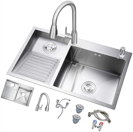 Stainless Steel Double Bowl Laundry Sink with Washboard & Pull-Out Faucet, Easy to Clean Household Wash Basin for Bathroom & Utility Room Use