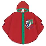 PERLETTI COOL KIDS: rotes Regenponcho mit Dinosaurier Basketball Spieler. Roter Hintergrund, graue Details und grüne Schrift 