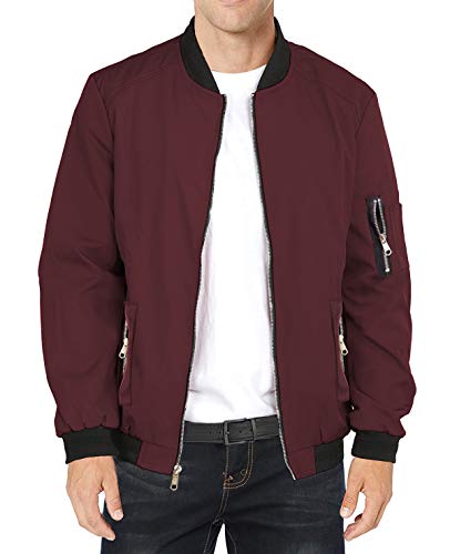 LAA NIHOW Mens Slim Fit Lightweight Jacket Softshell Flight Bomber Jackets Coat, Wine Red, Large