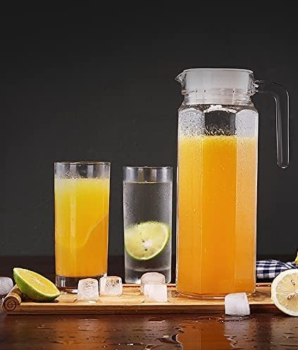 Image of IndusBay Set of 2, 1100 ml Glass Jug Pitcher with Plastic lid Iced Tea Pitcher Water jug hot Cold Water ice Tea, Milk and Juice Beverage Carafes 1.1 LTR Each, Transparent