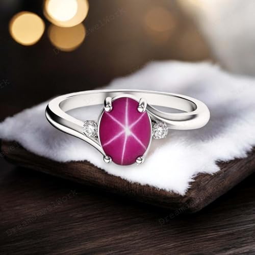 Oval Star Ruby Diamond Wedding Ring 14K Solid Gold Ring Lindy Star Ring Accent Diamond Statement Ring 6 Rays Star Gemstone Engagement Stackable Ring Jewelry2