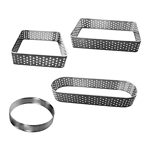 BESTYASH 4Pcs Stainless Steel Mousse Cake Mould Perforated Baking Tools for Pastry Includes Round Rectangle Square and Oval Shapes for DIY Cooking and Mousse Cakes