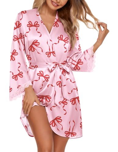 Ekouaer Silk Robe for Women Short Satin Robe 3/4 Sleeves Lace Trim Kimono Bathrobe Sexy Bride Bridsmaid Sleepwear with Pocket