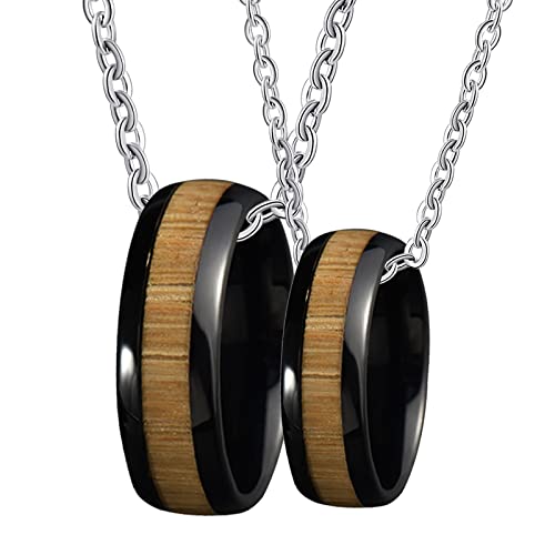 BCughia - BCughia Ring Necklace, Couple Necklace Black Tungsten Custom Necklaces 8mm Black Ring Inlay Wood Cable Necklace Wedding Gift for Girlfriend