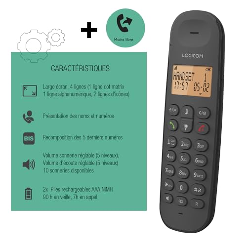 Logicom ILOA 150 DECT Schnurlostelefon – Freisprechfunktion – Großes 4-Zeilen Display – 300 m Reichweite – 7h Gesprächszeit – 90h Standby – Schwarz