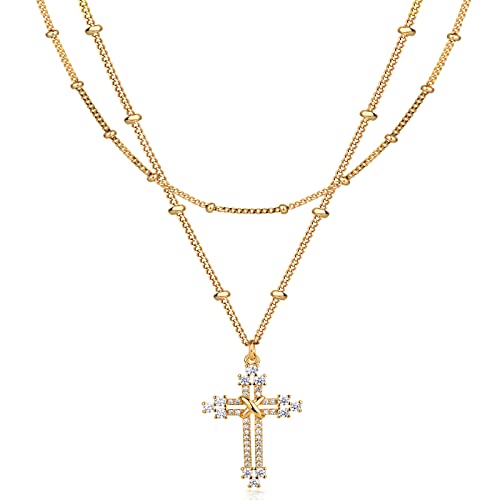 Layered Gold Cross Necklace for Women 18K Gold Plated Faith Necklace Cubic Zirconia Cross Pendant Dainty Chain Prayer Religious Jewelry