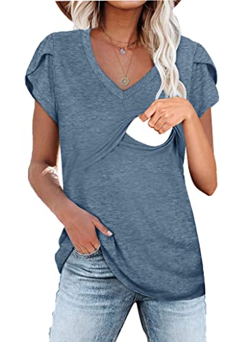 Czzzyl Womens T Shirts Casual Blouse Tulip Short Sleeve Maternity Clothes Nursing Tops For Breastfeeding Tee (Navy,Large) #TOP24