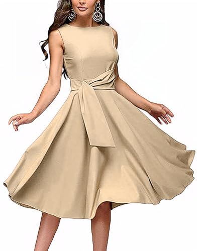 Image of FENJAR Women's Elegance Audrey Hepburn Style Ruched Dress Round Neck Sleeveless Swing Midi A-line Dresses (US, Alpha, X-Large, Regular, Regular, Khaki)