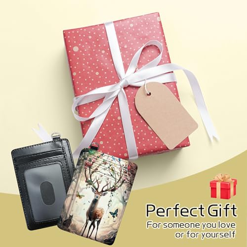 Image of Small Travel Wallets, Decorative Deer Butterfly Slim Minimalist Front Pocket Wallet with Wristlet, RFID Blocking PU Leather Credit Card Holder with ID Window Change Purse for Men Women