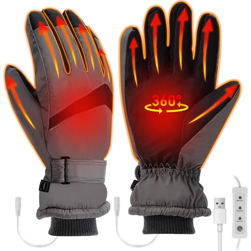 USB Guantes Calefactables, 3 Guantes Pantalla táctil Temperatura Ajustable Impermeables Guantes Invierno Guantes Eléctricos Calefactables con Dedos Completos para Ciclismo Senderismo paseo (Grey, 30)