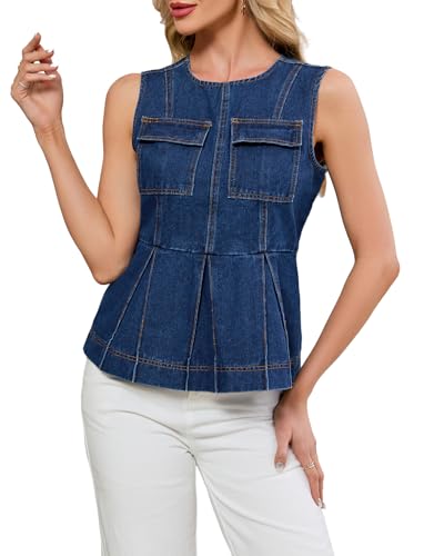 Kedera Denim Vest Crew Neck Sleeveless Crop Tank Tops for Women Ruffle Hem Jean Vest Top 2025 Summer