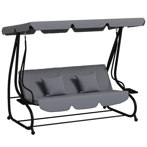 Outsunny Balancelle de Jardin 3 Places Convertible Toit Inclinaison réglable 2 tablettes Support 2L x 1,2l x 1,64H m métal époxy Noir Polyester Gris foncé