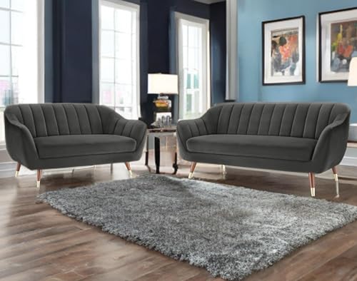 Image of AMATA Marino Solid Wood 3+2 Seater Grey Suede Velvet Fabric Sofa Set with Two Cushions Perfect for Home Office Guests Living Room (04 Grey, 3+2 Seater)(03 Year Warranty)