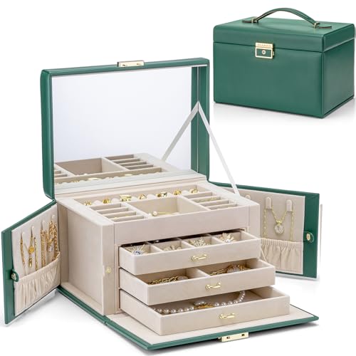 Vlando Large Jewellery Box for Women Lockable Jewellery Boxes with 3 Drawers Jewelry Storage Earrings, Rings, Necklaces, Bracelets, Brooches, Watches Organiser Apricot White