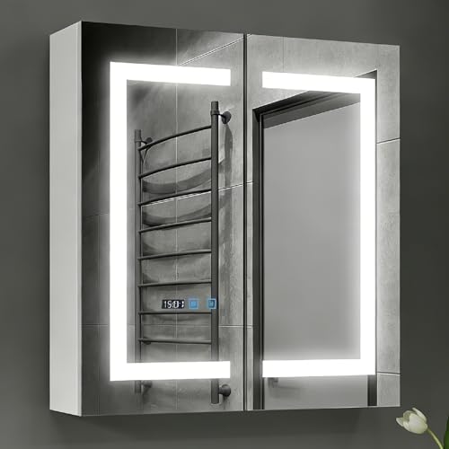 Image of ARTETHYS Bathroom Mirror Cabinets, 65x63cm Bathroom Wall Cabinets with 3 Color LED Lights, Charging Station, Mirrored Bathroom Cabinet with 2 Doors, Demister, Shaver Socket, Adjustable Shelves
