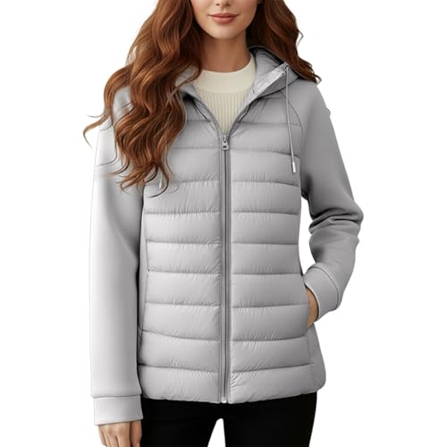 Generisch Chaqueta acolchada ligera con capucha para mujer, chaqueta híbrida, mezcla de materiales, chaqueta deportiva para exterior, con mangas de punto, cremallera, primavera y otoño, #002-gris