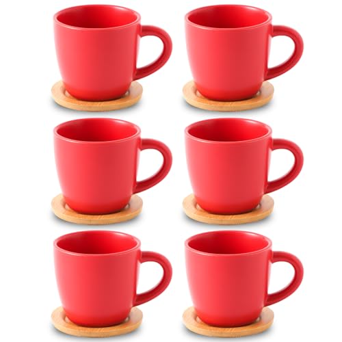 Hasense 8 oz Tea Cups and Saucers Set of 6, Ceramic Coffee Cups with Handle, Latte, Cappuccino, Espresso, Stackable for Party, Home and Kitchen, Red