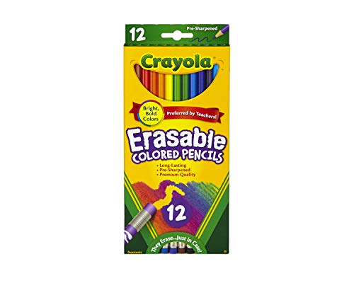 Crayola Erasable Colored Pencils, 12 Non-Toxic, Pre-Sharpened, Kids 4 & Up, Assorted Colors
