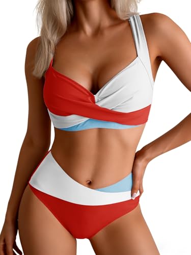 B2prity ensemble bikini femme, maillot deux pièces taille basse bleu blanc rouge