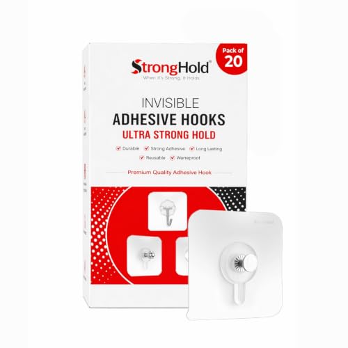 Image of StrongHold Photo Frame Hooks for Wall Without Drilling - Self Adhesive Wall Hooks for Hanging Photo Frames & Wall Decor | No Drill Heavy Duty Sticky Hook, Pack of 20