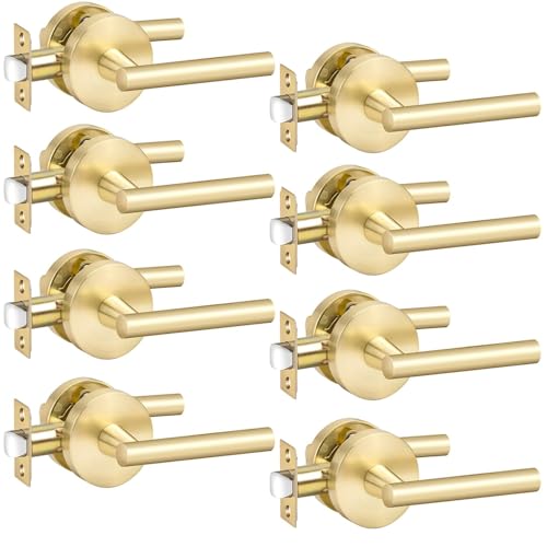 Goldenwarm 8 Pack Gold Passage Door Handles, Closet Door Lever Brushed Gold Interior Door Handle for Hall and Closet, Zinc-Alloy Heavy Duty DoorHandles Reversible(no Lock)